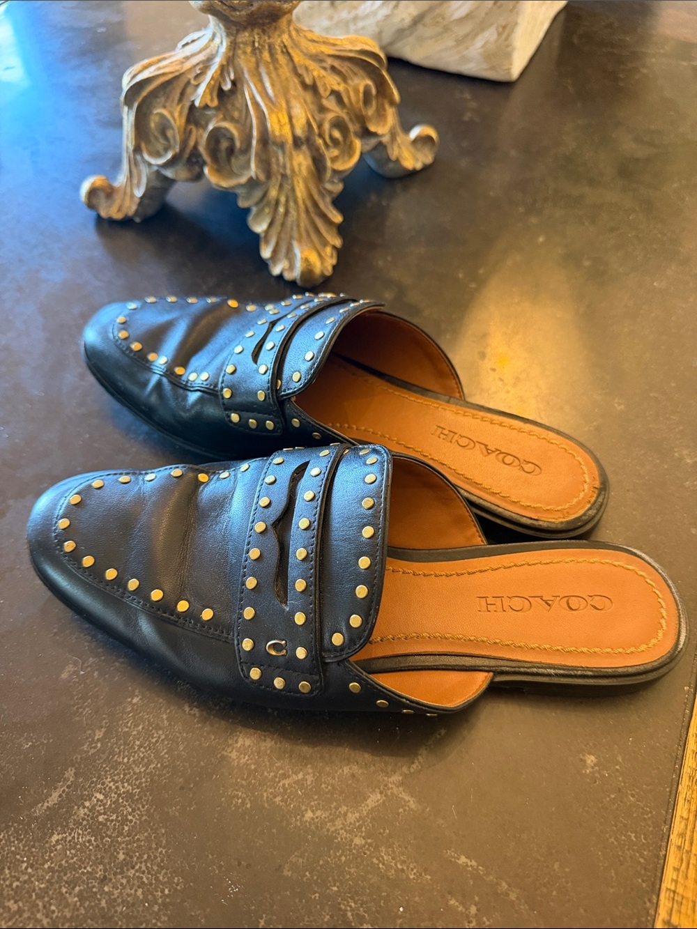 COACH Black Leather Studded Slip-On Mules - Picture 3 of 4